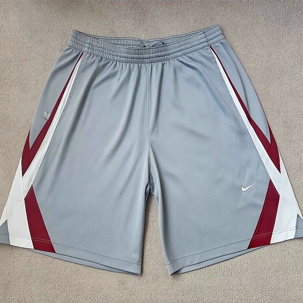 Nike Men’s Light Grey Athletic Shorts with Red and White Accents